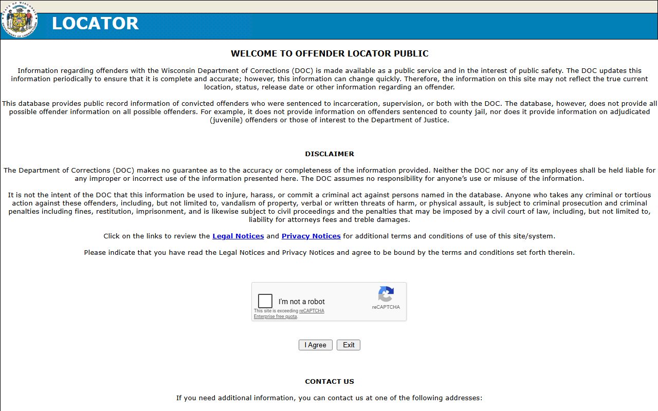 Wisconsin DOC Locator search page for Gordon Correctional Center inmate records